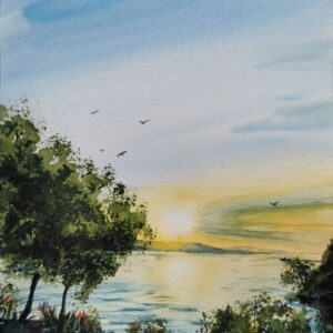 Aquarell eines ruhigen Sonnenuntergangs am See mit Bäumen im Vordergrund – Landschaftsgemälde von Monika Bargieł.
