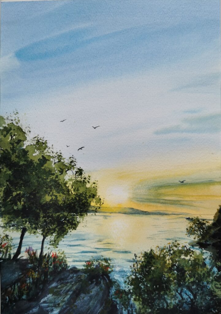 Aquarell eines ruhigen Sonnenuntergangs am See mit Bäumen im Vordergrund – Landschaftsgemälde von Monika Bargieł.