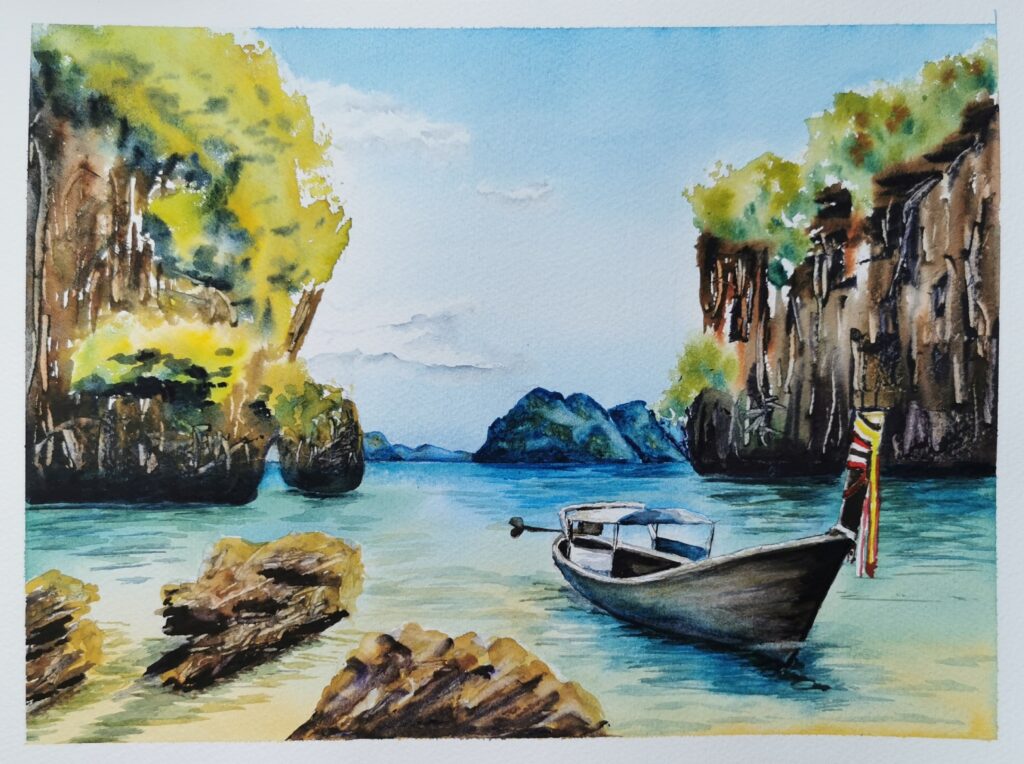 Aquarell einer traditionellen Bootsszene in einer tropischen Felsenbucht – inspiriert von asiatischen Landschaften, gemalt von Monika Bargieł.