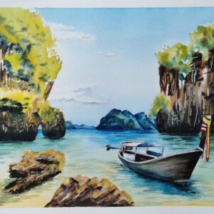 Aquarell einer traditionellen Bootsszene in einer tropischen Felsenbucht – inspiriert von asiatischen Landschaften, gemalt von Monika Bargieł.