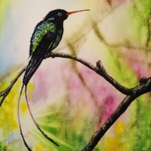 Aquarell eines exotischen Vogels auf einem Ast vor einem farbenfrohen Frühlingshintergrund – Kunstwerk von Monika Bargieł.