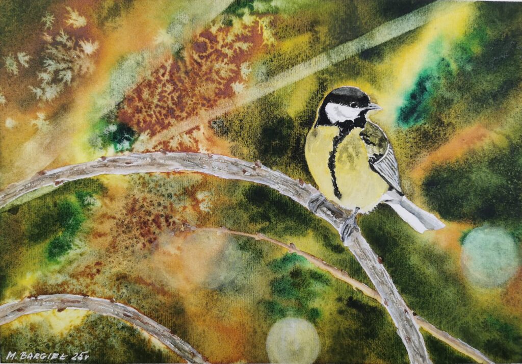 Stimmungsvolles Aquarell einer Meise vor farbintensivem, strukturiertem Hintergrund – Werk von Monika Bargieł.