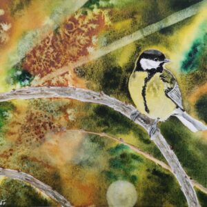 Stimmungsvolles Aquarell einer Meise vor farbintensivem, strukturiertem Hintergrund – Werk von Monika Bargieł.