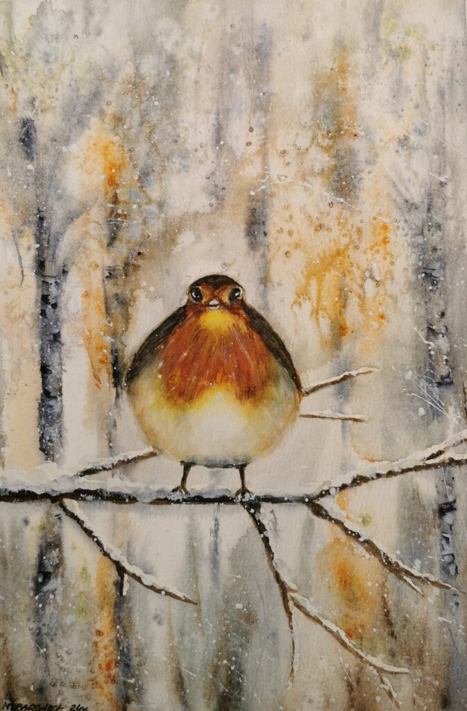 Kleines Rotkelchen mit roter Brust auf einem Ast – stimmungsvolle Aquarellszene von Monika Bargieł.