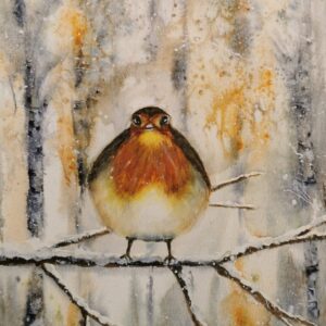 Kleines Rotkelchen mit roter Brust auf einem Ast – stimmungsvolle Aquarellszene von Monika Bargieł.