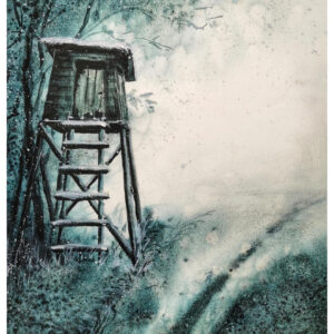 Aquarell einer Hochsitzplattform im Wald – stimmungsvolle Szene in Grüntönen mit verschwommenem Hintergrund und Waldweg