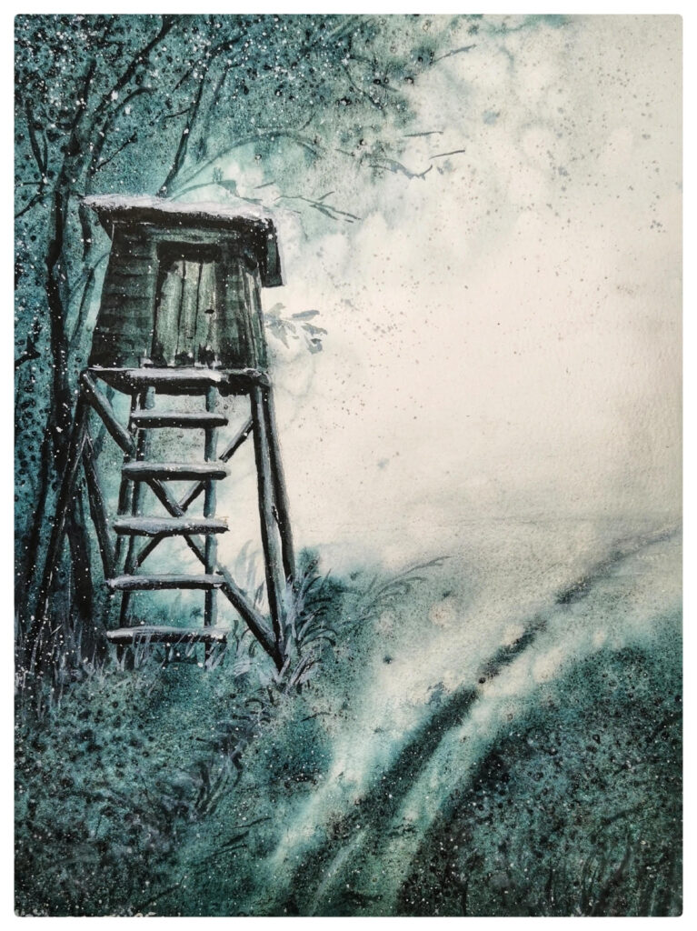 Aquarell einer Hochsitzplattform im Wald – stimmungsvolle Szene in Grüntönen mit verschwommenem Hintergrund und Waldweg