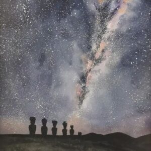 Aquarell „Wunder am Himmel“: Milchstraße über den Moai der Osterinsel